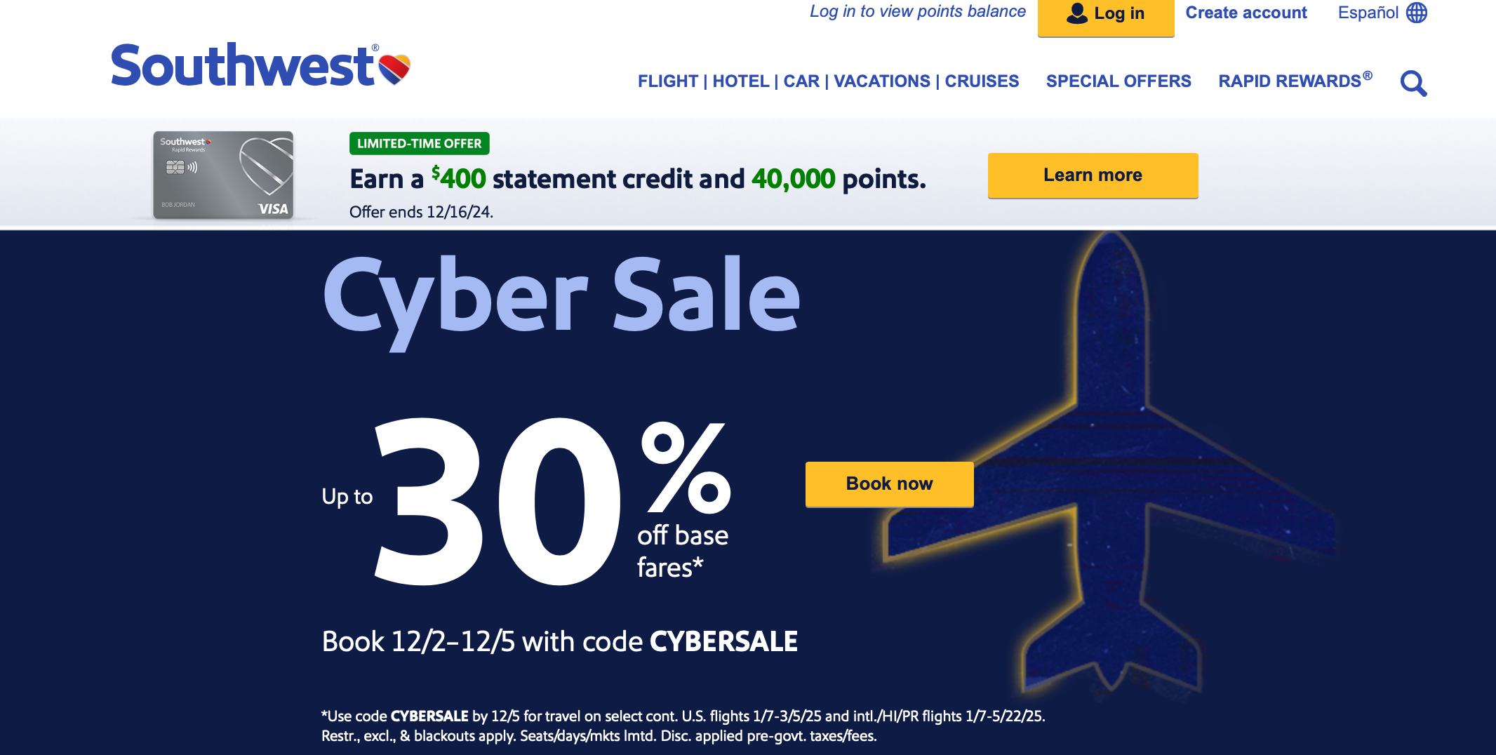 Southwest Cyber Sale landing page. 
